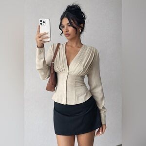 Women’s Beige Pleated Deep V-Neck Button Front Long Sleeve Fitted Blouse Top (S)